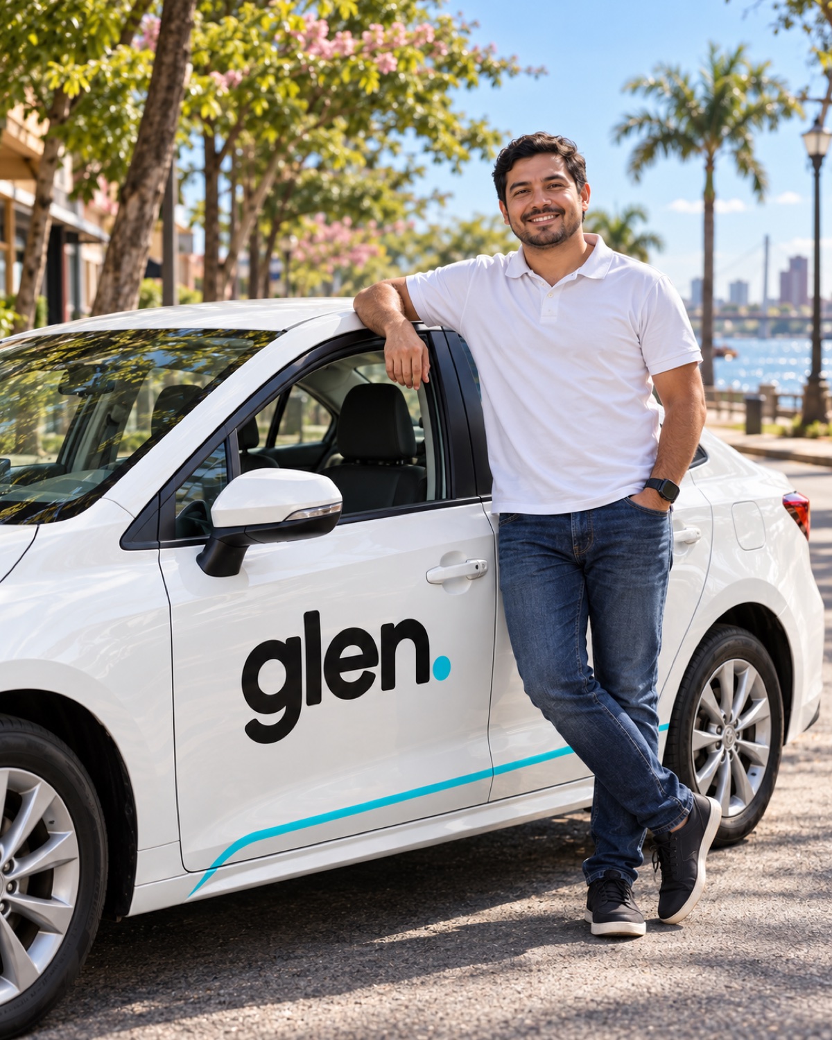 Imagen ilustrativa de un conductor junto a un auto Glen
